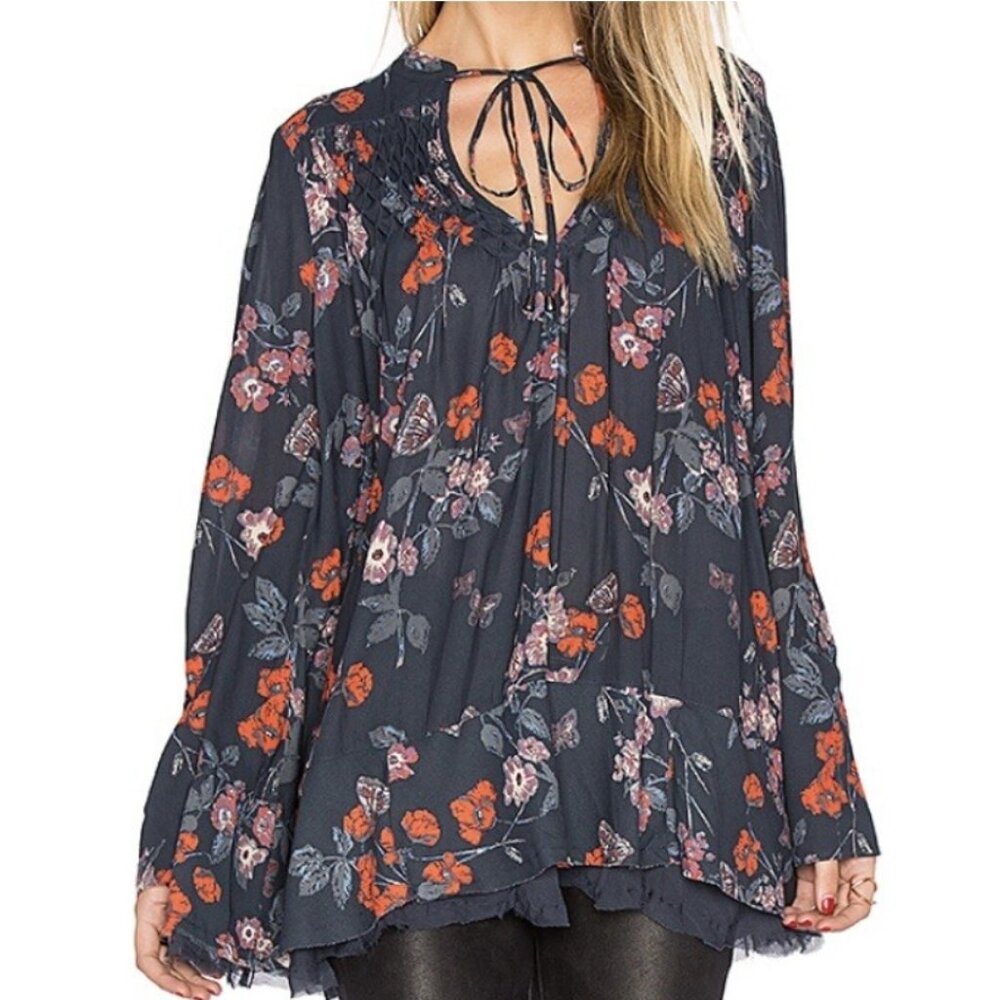 Free People Pebble Crepe Smocked Floral Tunic Top‎ XS